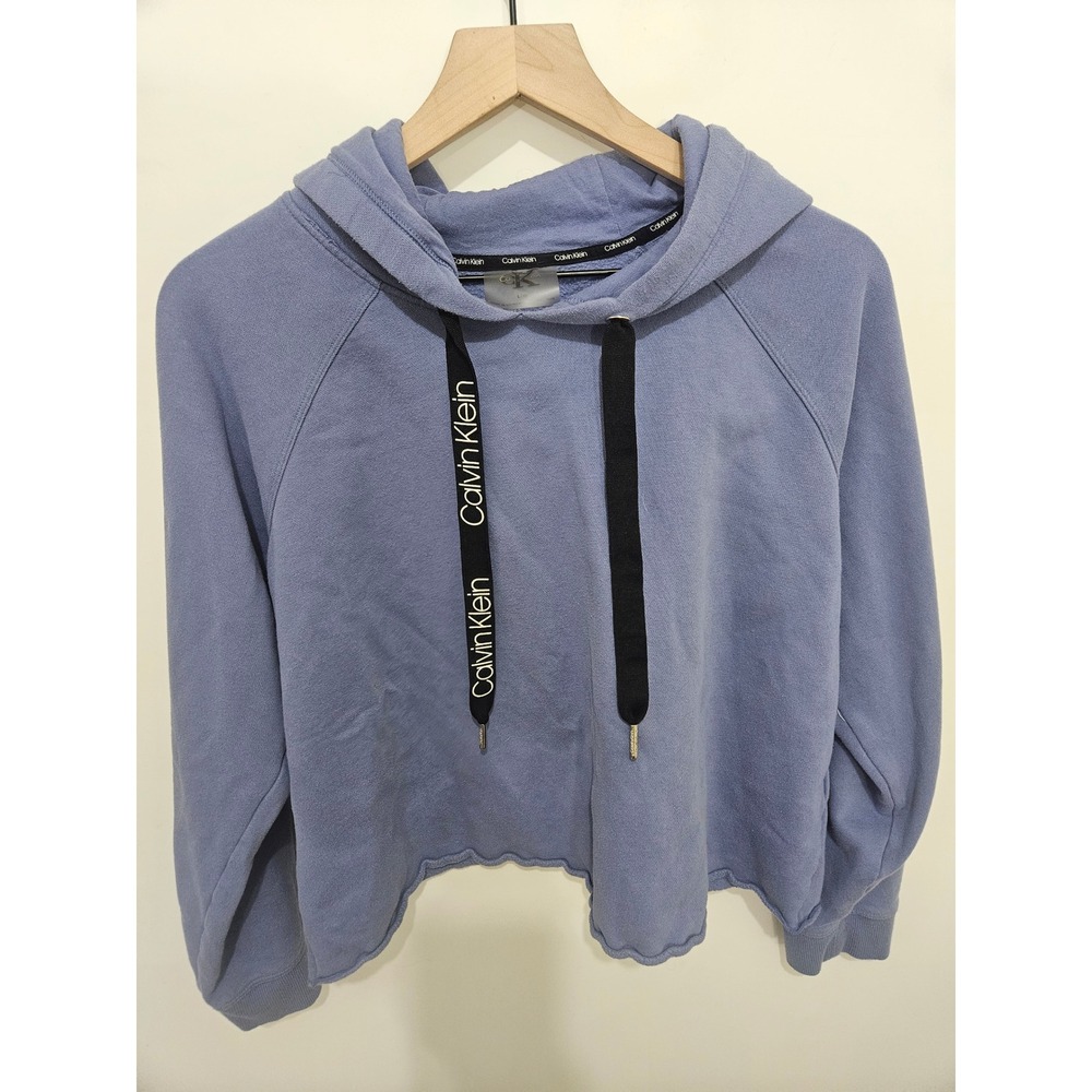 Calvin Klein Performance Blue Cropped Scallop Hem‎ Logo Hoodie Sweatshirt Large